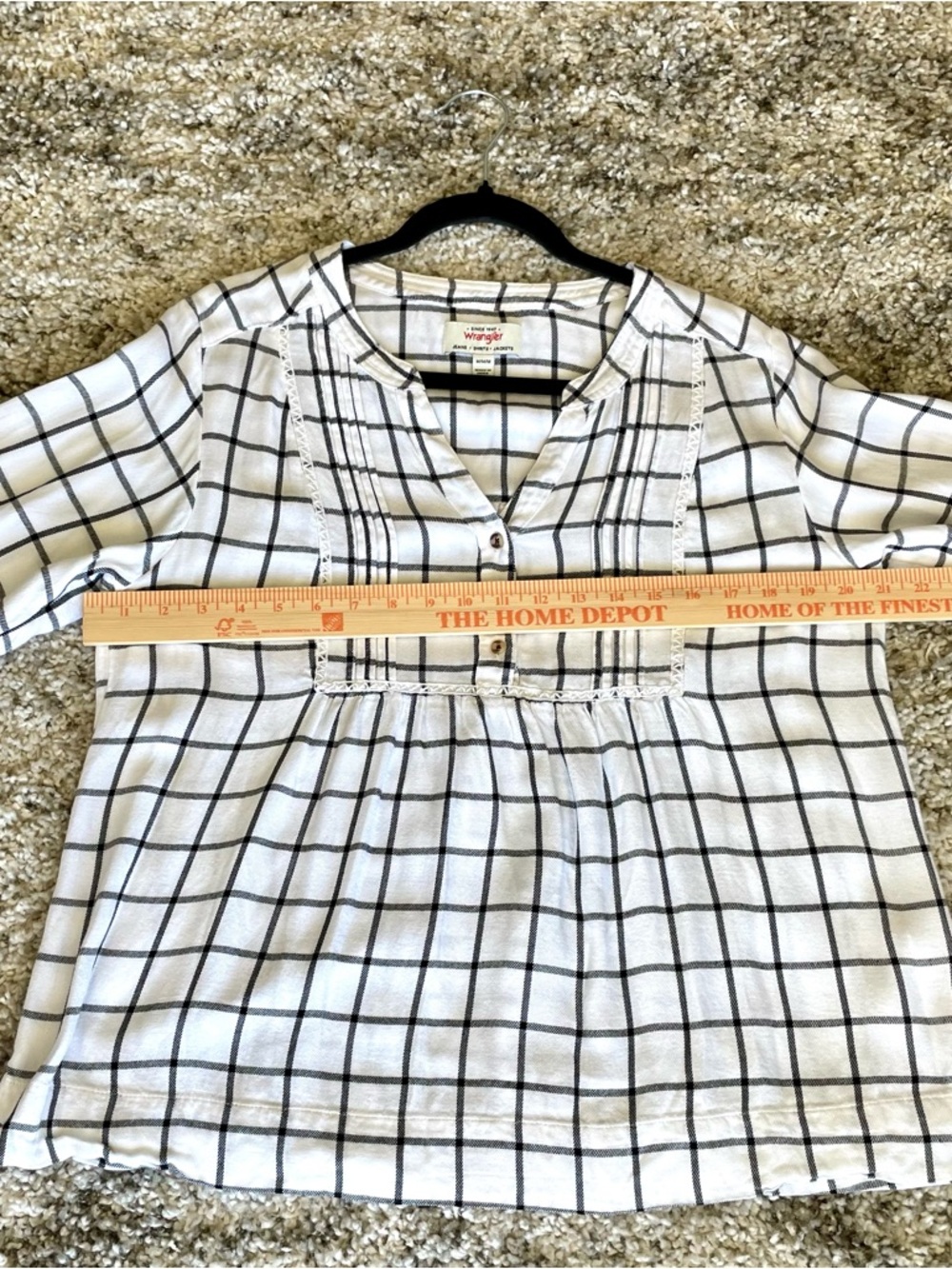 Wrangler Women’s Plaid Blouse Medium- Black & White Windowpane Pintuck Boho Top - Picture 6 of 13